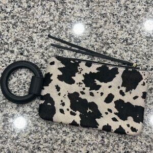 Hobo Cowhide Phone Wristlet Pouch Ring Handle Black Leather Zip Case